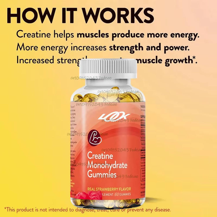 60 Pieces of Creatine Monohydrate Gummies Exercise to Restore Anaerobic Endurance, No Bloating, Strawberry Low Sugar