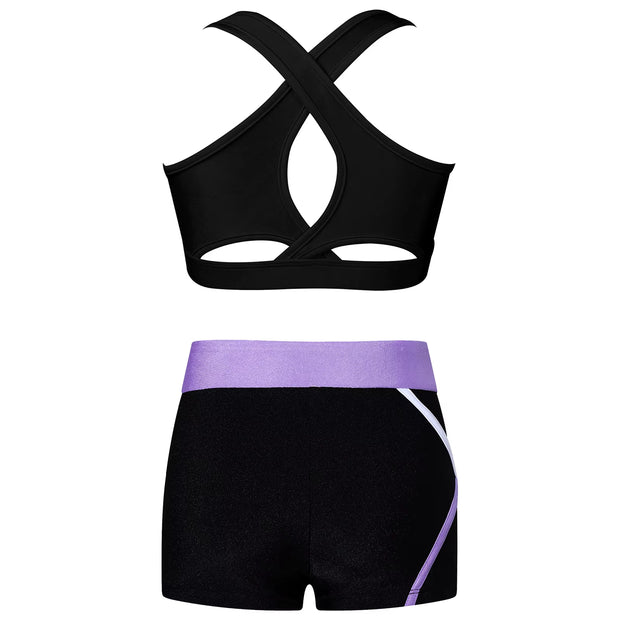 Kids Girls Workout Gymnastics Outfits Sleeveless Crop Top with Shorts Gym Running Sports Dance Performance Activewear Sportswear