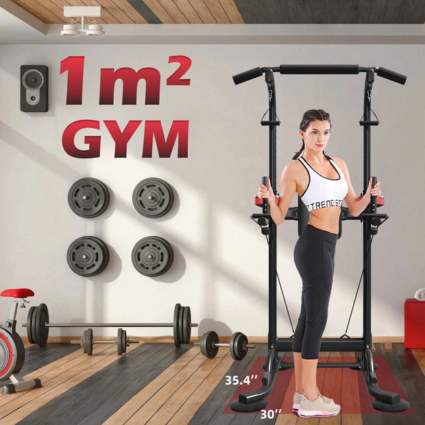 Power Tower Dip Station, Pull up Bar Stand Power Rack with Backrest and Resistance Band, Height Adjustable Strength Training Equipment for Fitness Home Workout, Black