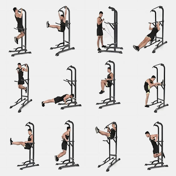 Power Tower Dip Station, Pull up Bar Stand Power Rack with Backrest and Resistance Band, Height Adjustable Strength Training Equipment for Fitness Home Workout, Black