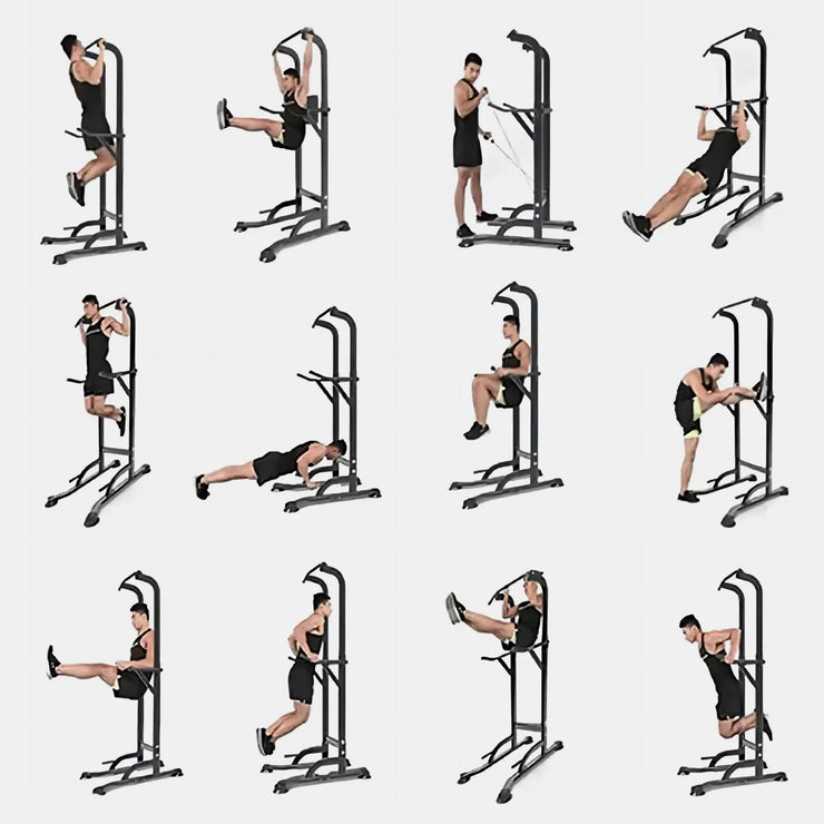 Power Tower Dip Station, Pull up Bar Stand Power Rack with Backrest and Resistance Band, Height Adjustable Strength Training Equipment for Fitness Home Workout, Black