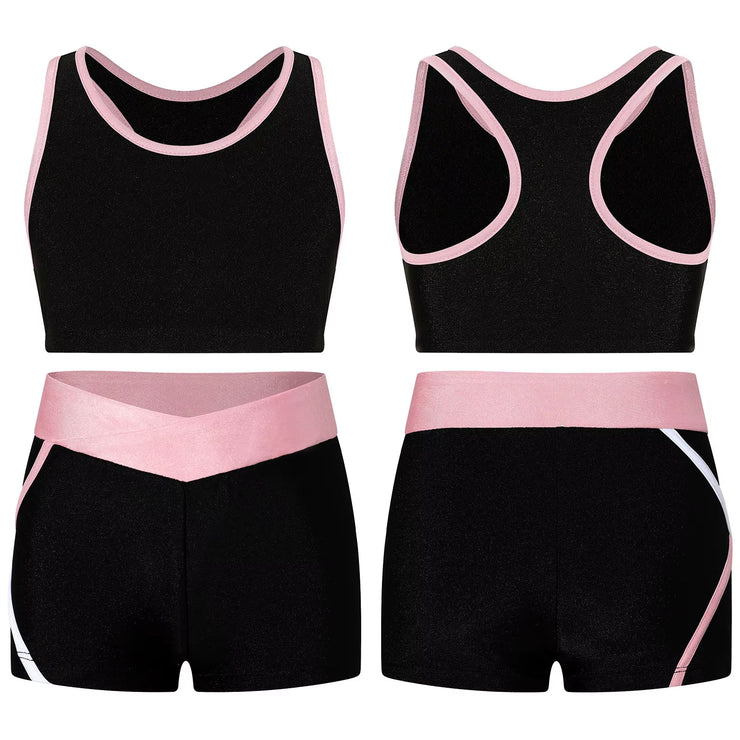 Kids Girls Workout Gymnastics Outfits Sleeveless Crop Top with Shorts Gym Running Sports Dance Performance Activewear Sportswear