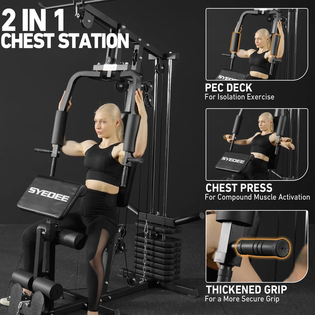 Home Gym Station, Workout Station with 105LBS Weight Stack, Home Gym Equipment W/ Handle Set