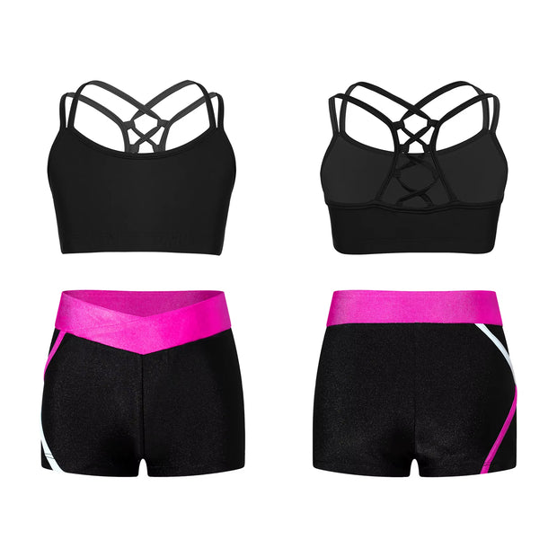 Kids Girls Workout Gymnastics Outfits Sleeveless Crop Top with Shorts Gym Running Sports Dance Performance Activewear Sportswear