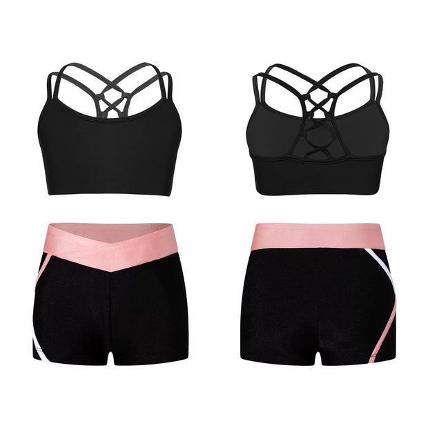 Kids Girls Workout Gymnastics Outfits Sleeveless Crop Top with Shorts Gym Running Sports Dance Performance Activewear Sportswear