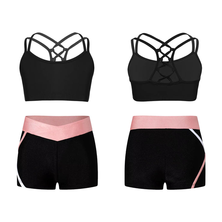 Kids Girls Workout Gymnastics Outfits Sleeveless Crop Top with Shorts Gym Running Sports Dance Performance Activewear Sportswear