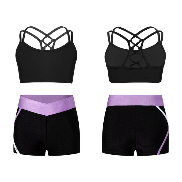 Kids Girls Workout Gymnastics Outfits Sleeveless Crop Top with Shorts Gym Running Sports Dance Performance Activewear Sportswear
