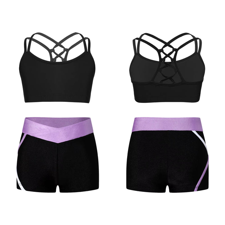 Kids Girls Workout Gymnastics Outfits Sleeveless Crop Top with Shorts Gym Running Sports Dance Performance Activewear Sportswear