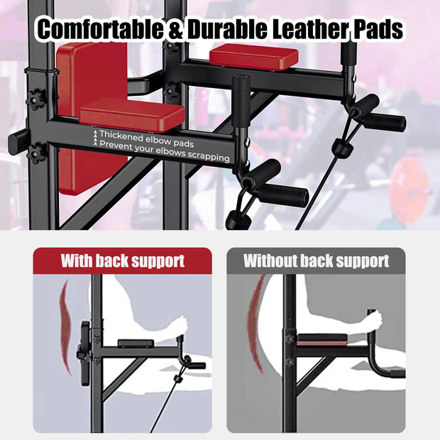 Power Tower Dip Station, Pull up Bar Stand Power Rack with Backrest and Resistance Band, Height Adjustable Strength Training Equipment for Fitness Home Workout, Black