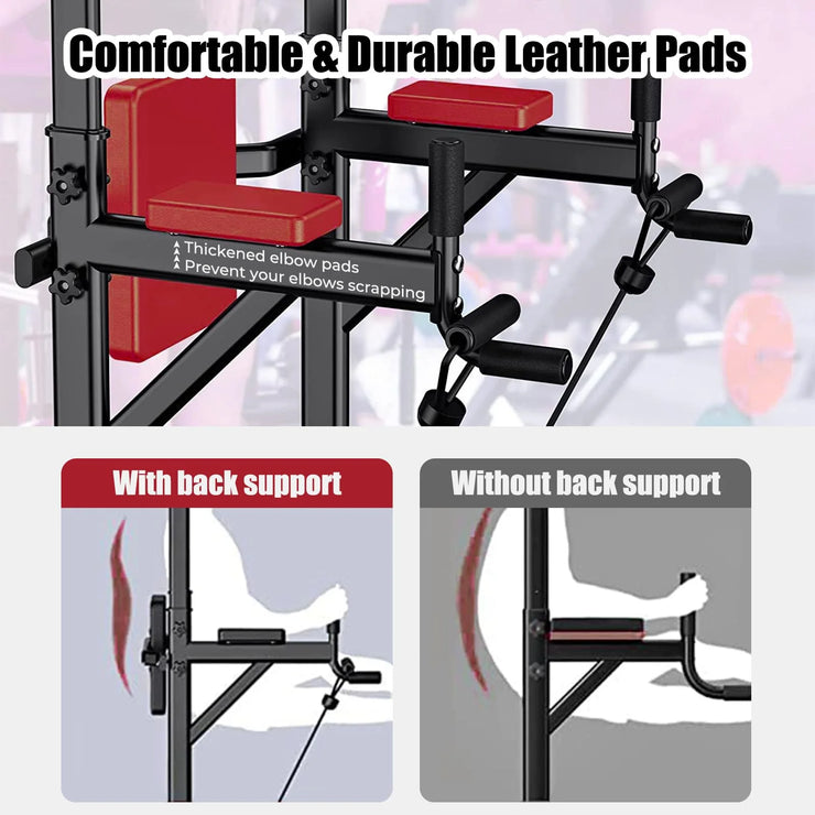 Power Tower Dip Station, Pull up Bar Stand Power Rack with Backrest and Resistance Band, Height Adjustable Strength Training Equipment for Fitness Home Workout, Black