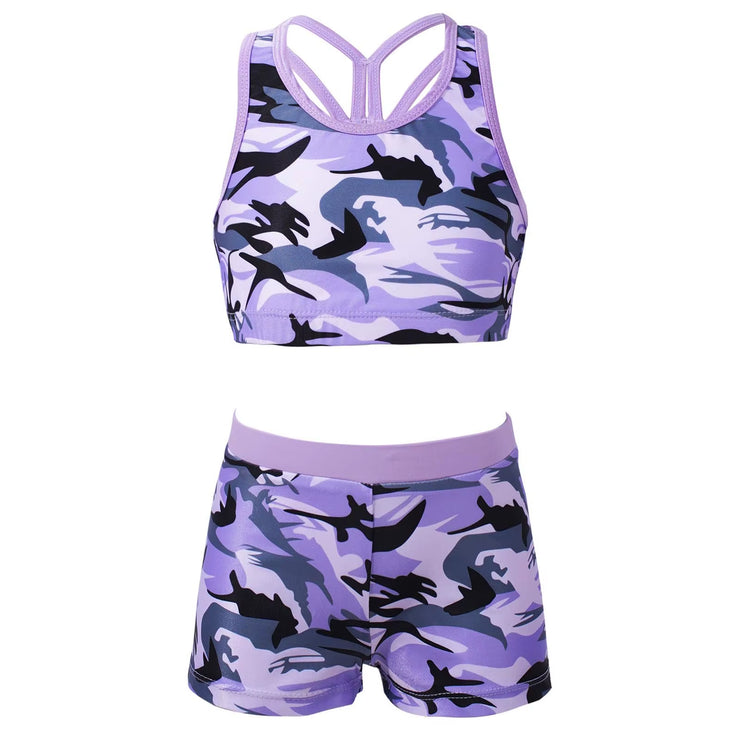Girls Two Pieces Printed Swimwear Swimsuits Tank Top + Shorts Kids Tracksuits Ballet Gym Outfits Summer Childrens Bathing Suits