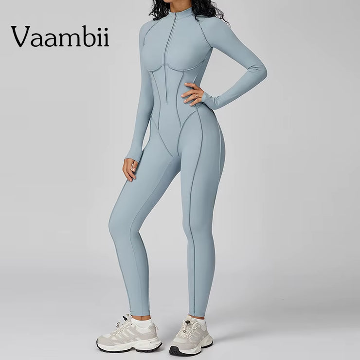 Yoga Suit Seamless Jumpsuit Summer Long Sleeve Zipper Sports Wear Gym Fitness Bodysuits Women Running Workout Clothes