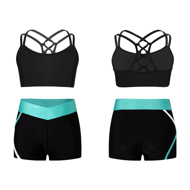 Kids Girls Workout Gymnastics Outfits Sleeveless Crop Top with Shorts Gym Running Sports Dance Performance Activewear Sportswear