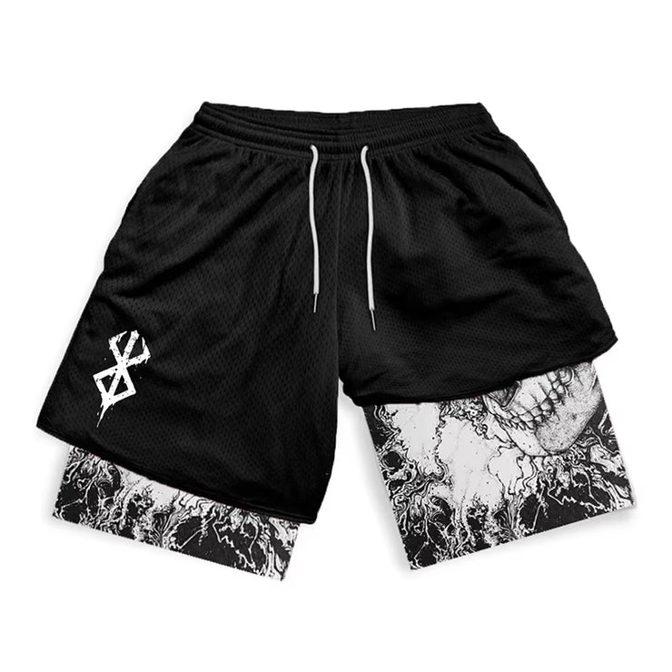 2 in 1 Running Shorts for Men Berserk Print Gym Workout Fitness Athletic Shorts with Pockets Summer Activewear Quick Dry